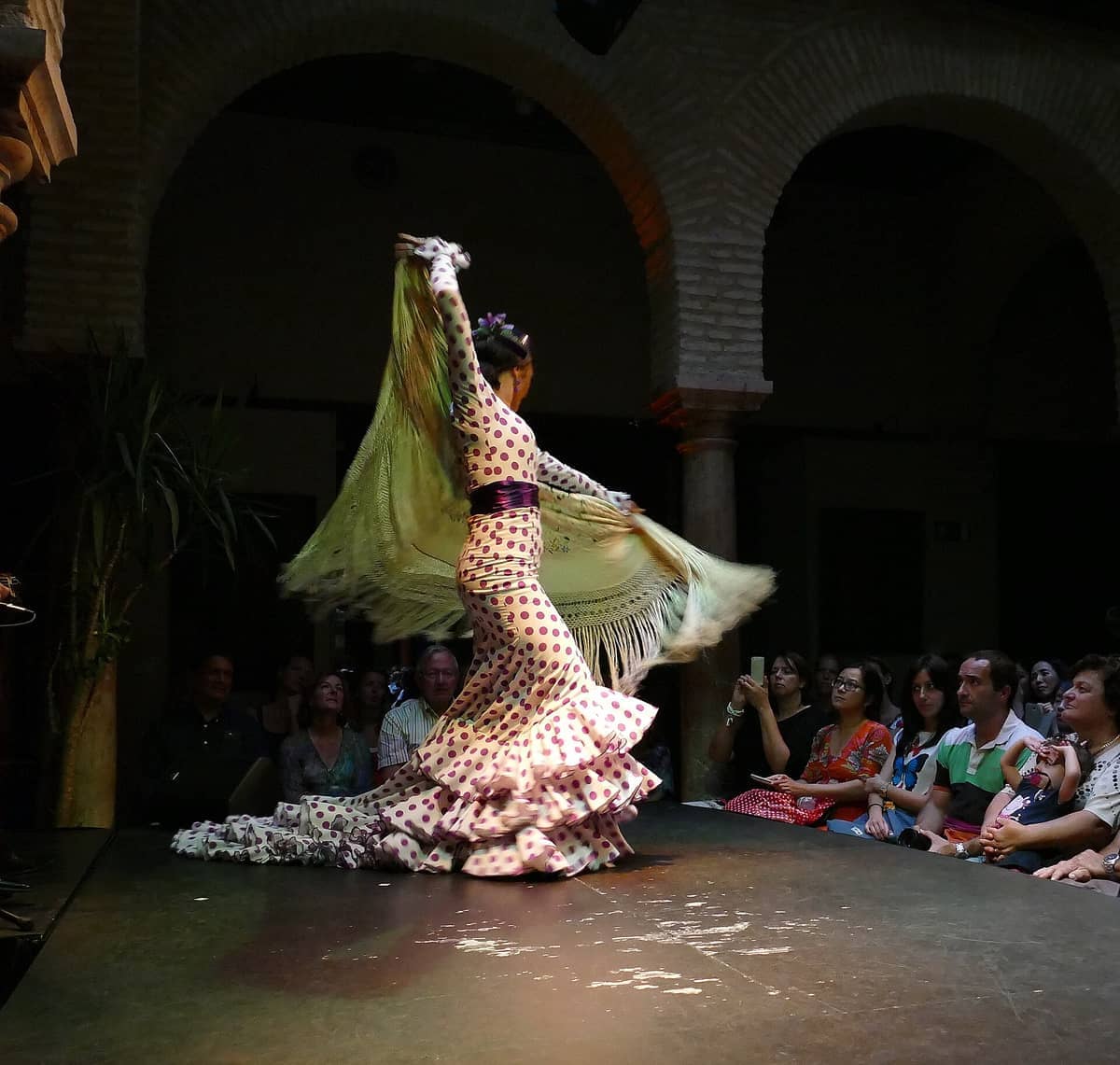 นักเต้นฟลาเมงโกในชุดจุดโพลกาดอทกำลังแสดงบนเวทีของ Museo del Baile Flamenco โดยมีผู้ชมนั่งอยู่รอบๆ