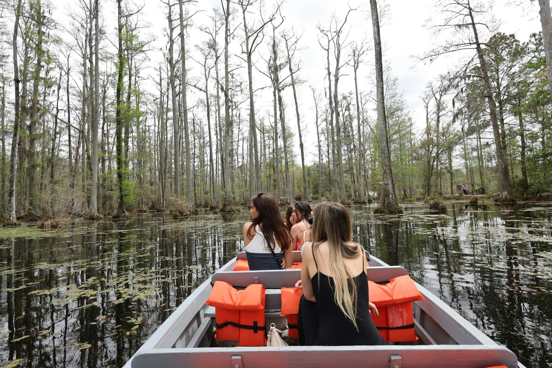 Grupo de pessoas em um barco navegando por um pântano de ciprestes cercado de árvores e água parada no bayou da Louisiana.
