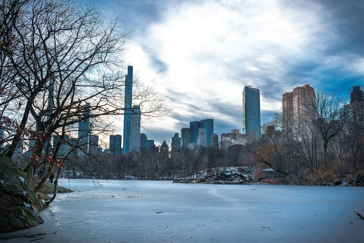 Central Park พร้อมทะเลสาบที่แข็งตัวในฤดูหนาว ต้นไม้ไร้ใบ และตึกระฟ้าของ Midtown Manhattan เป็นฉากหลังใต้ท้องฟ้าที่ดูน่าตื่นตา