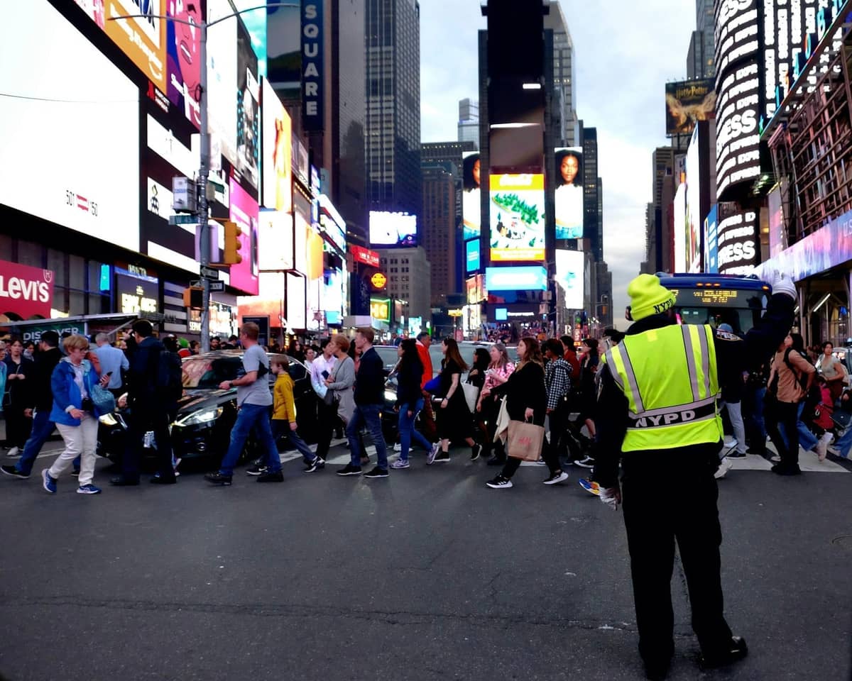 Eine belebte Straßenszene am Times Square mit einem NYPD-Beamten, der große Touristenmassen an einem Fußgängerüberweg leitet, umgeben von hellen Stadtlichtern.