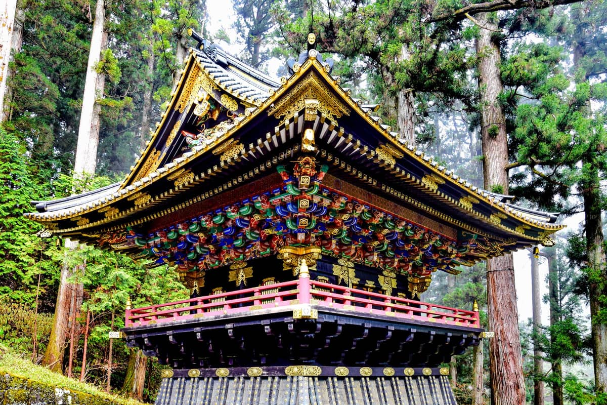 A vividly decorated, ornate building at Nikko Toshogu Shrine surrounded by tall cedar trees in a forest setting, showcasing intricate architecture and vibrant details.