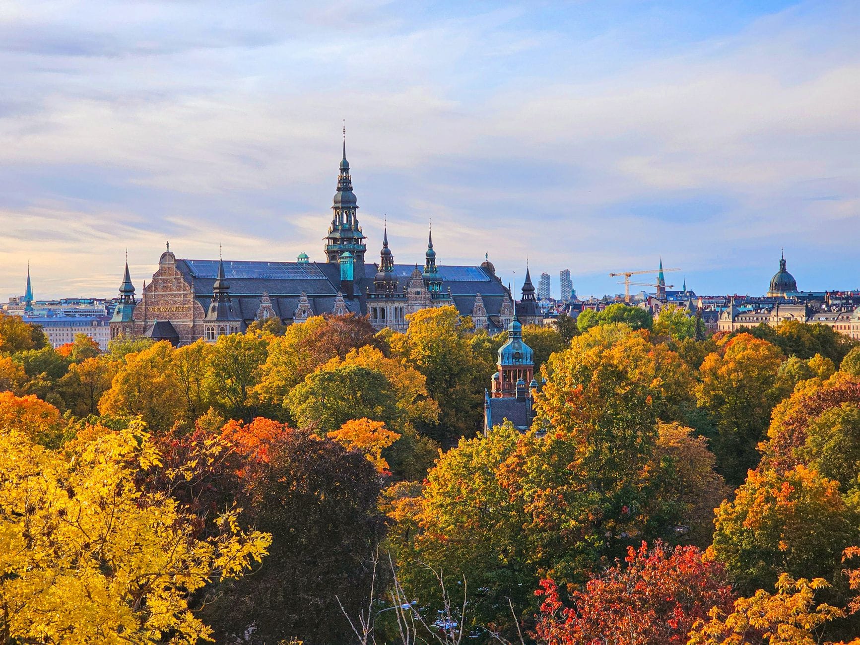 มุมกว้างของ Nordiska Museet โดดเด่นเหนือไม้เปลี่ยนสีบนเกาะ Djurgården มีฉากหลังเป็นเส้นขอบฟ้าสตอกโฮล์ม