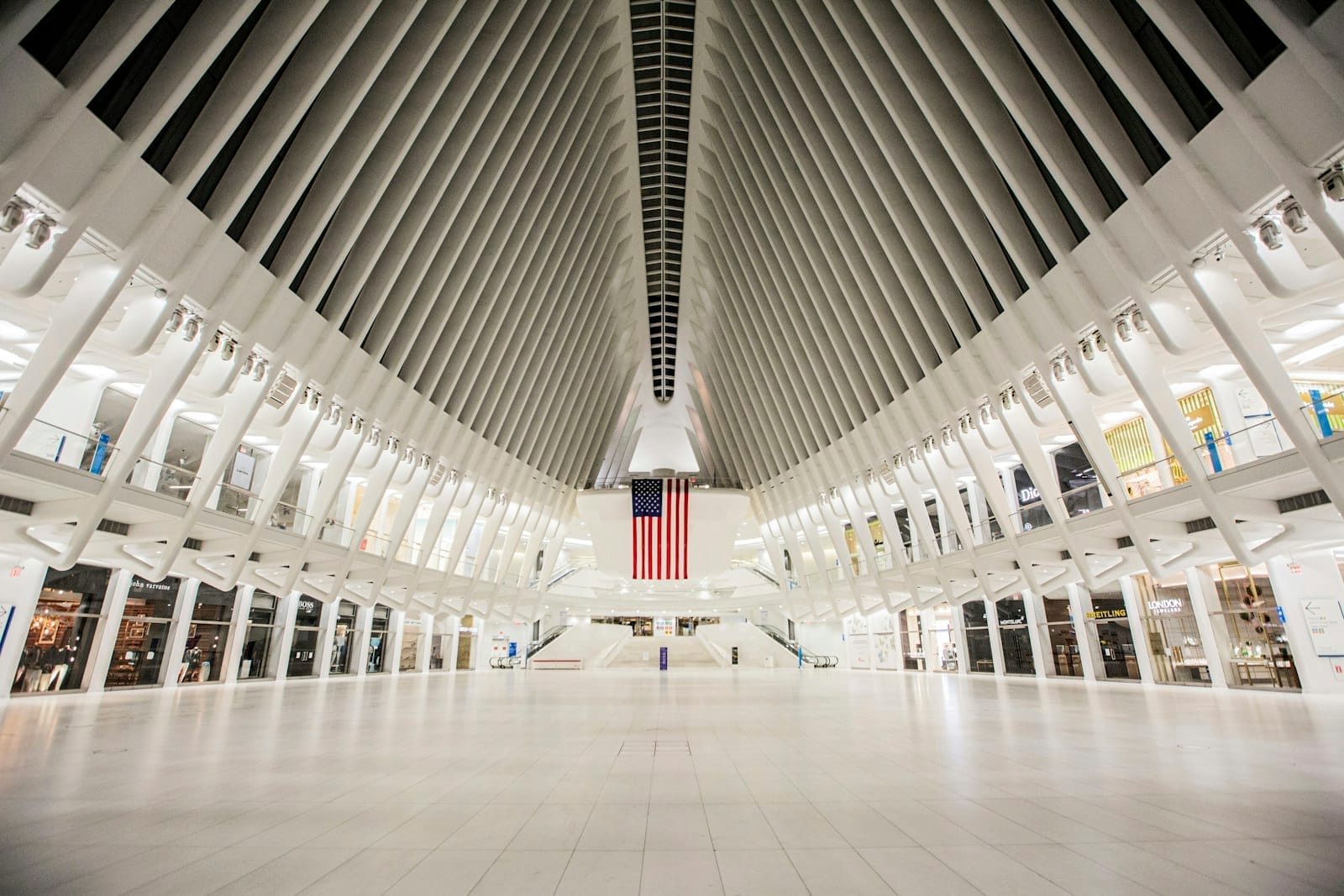 Vista interna dell'Oculus al World Trade Center: archi nervati in acciaio bianco si slanciano verso l'alto, la luce naturale inonda lo spazio e una bandiera americana è appesa al centro.