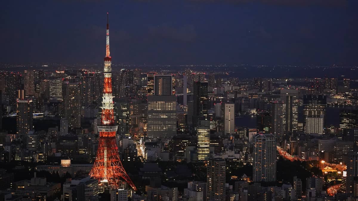 Night view of Tokyo skyline with Tokyo Tower illuminated, seen from above with city lights twinkling across Roppongi area.