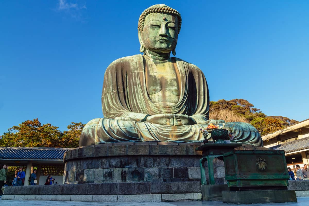 Wide-angle view of the Great Buddha (Daibutsu) of Kamakura bronze statue under clear blue sky with trees and visitors in the background.