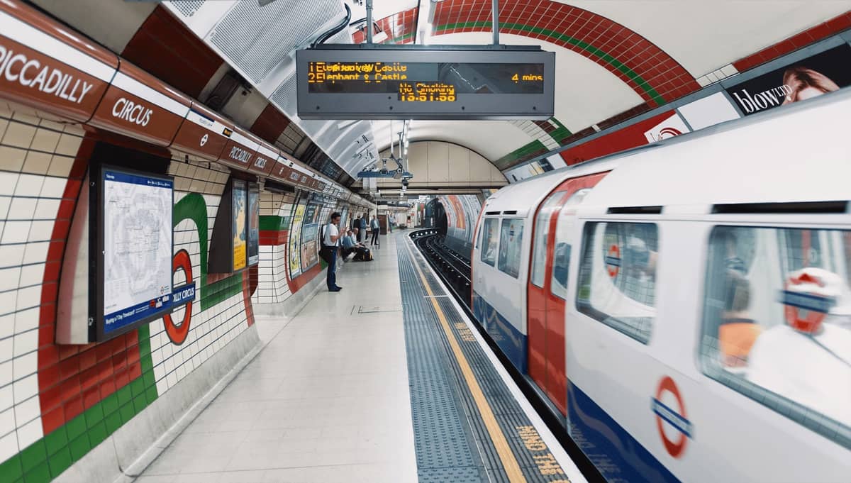 Plataforma do metrô de Londres em Piccadilly Circus com um trem chegando e passageiros esperando.