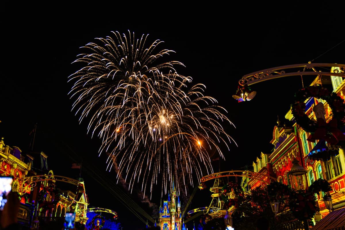 Nächtliche Szene mit Feuerwerk über bunten Gebäuden und einem Schloss in einem lebhaften Freiluft-Unterhaltungsviertel.