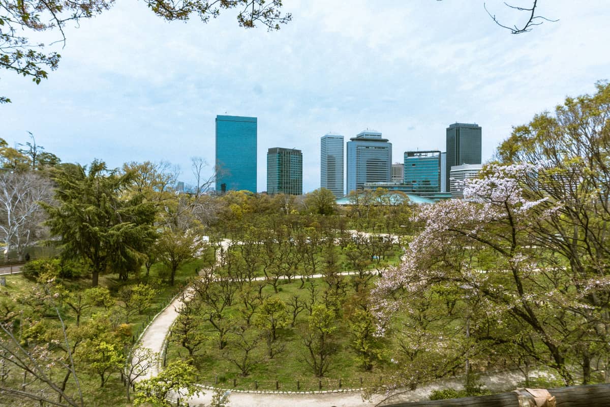 City park in Osaka with winding pathways, green trees, and modern city skyscrapers in the background
