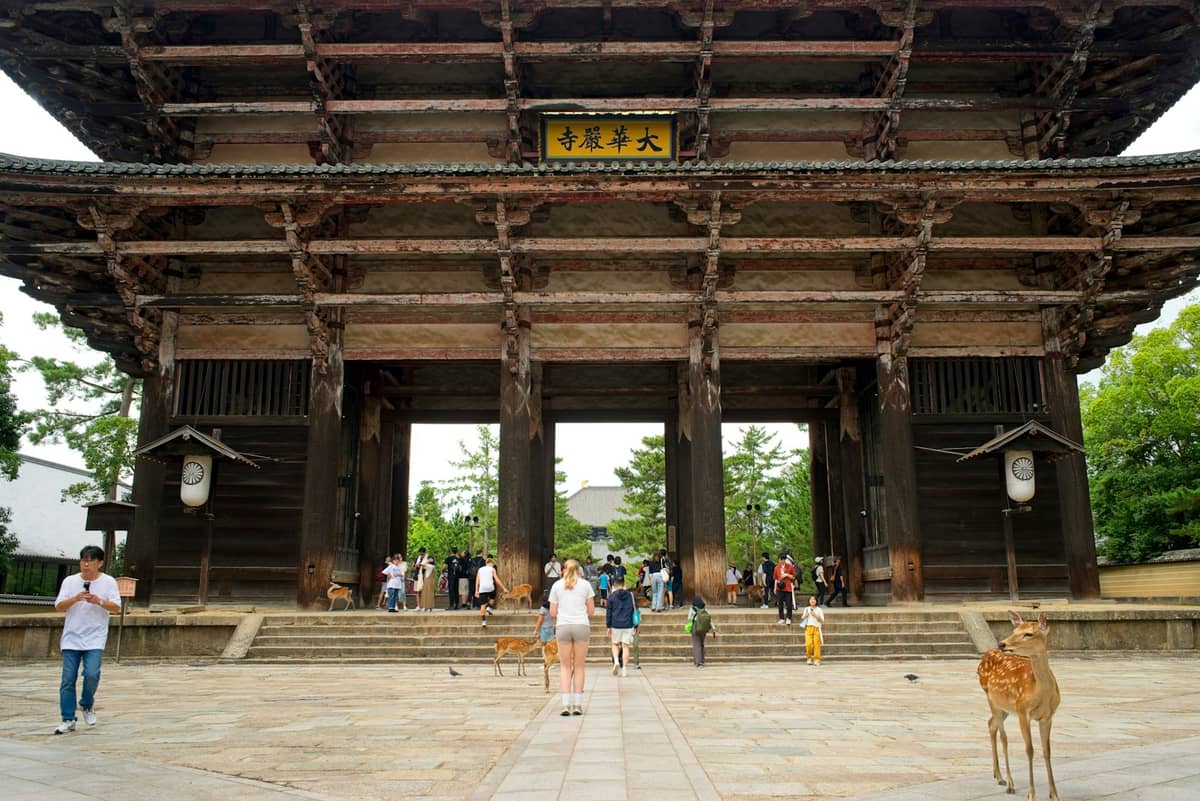 Large wooden temple gate with people and deer in front, likely the entrance to Todai-ji Temple in Nara Park