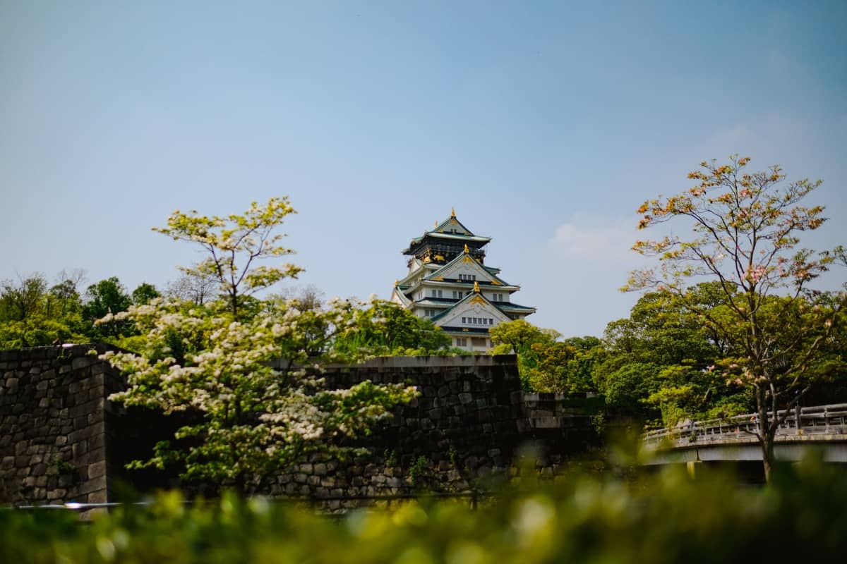 Osaka Castle rises above stone walls, framed by green trees and clear blue sky on a sunny day.