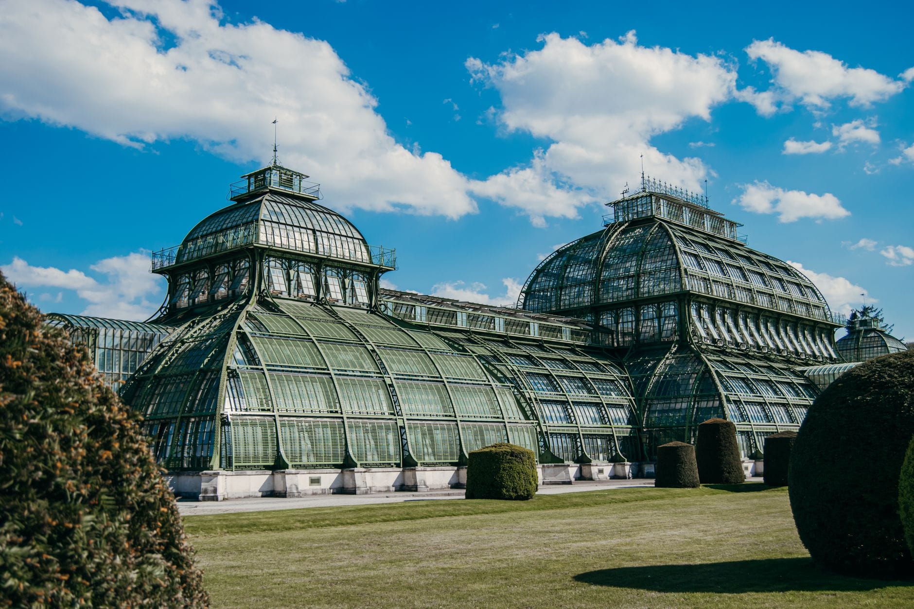 Das Gewächshaus Palmenhaus Schönbrunn in Wien unter einem strahlend blauen Himmel, umgeben von akkurat gestutzten Hecken und sattem grünen Rasen.