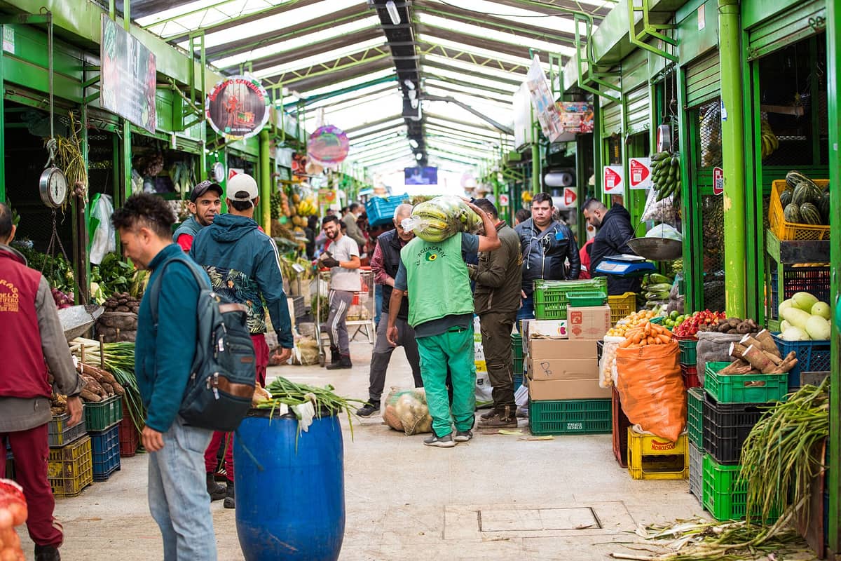 Interior view of Plaza de Mercado de Paloquemao with vendors selling fruits and vegetables, green metal structure, and people shopping in a busy market hall.