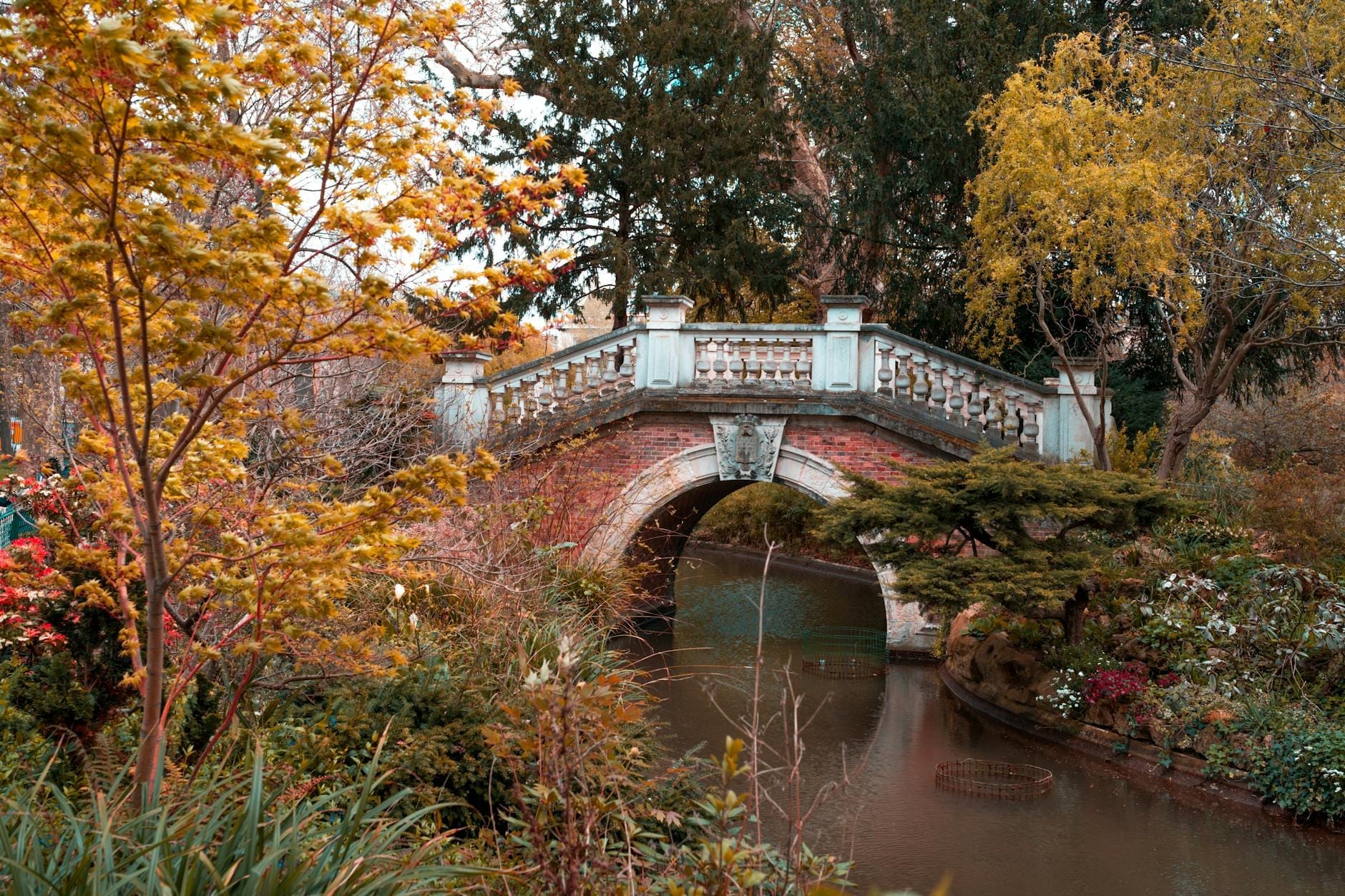 Incantevole ponte ad arco in pietra su uno specchio d'acqua artificiale circondato da alberi lussureggianti e fogliame autunnale colorato in un parco cittadino dalla quiete disarmante.