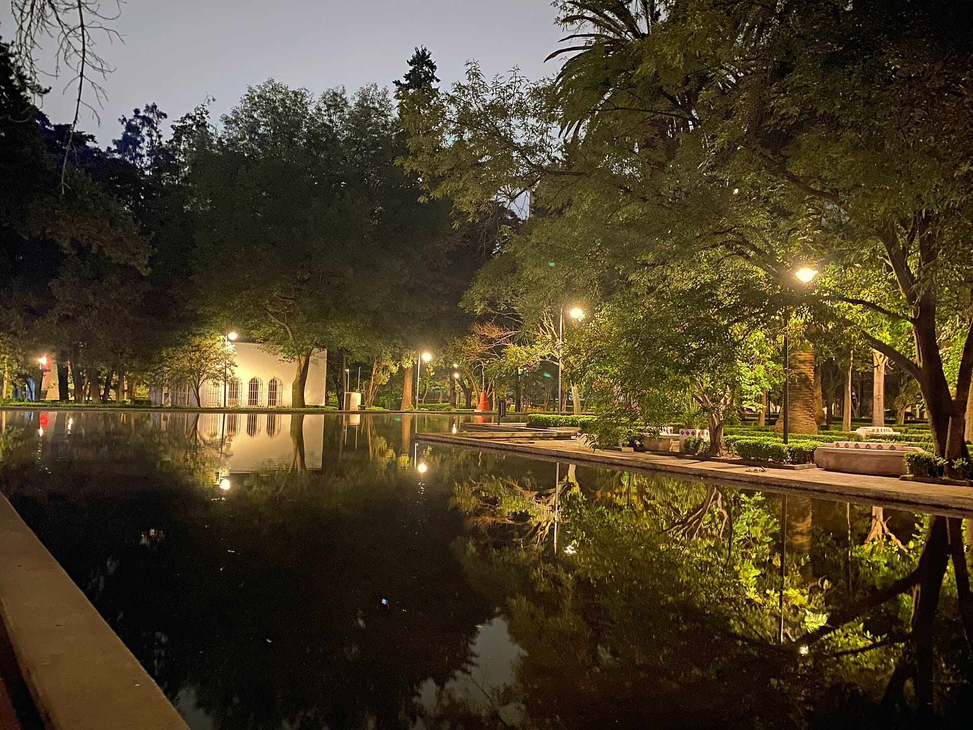 Vasca riflettente circondata da lussureggianti alberi verdi e panchine del parco di notte al Parque Lincoln, con calde luci dei lampioni che illuminano la scena tranquilla.