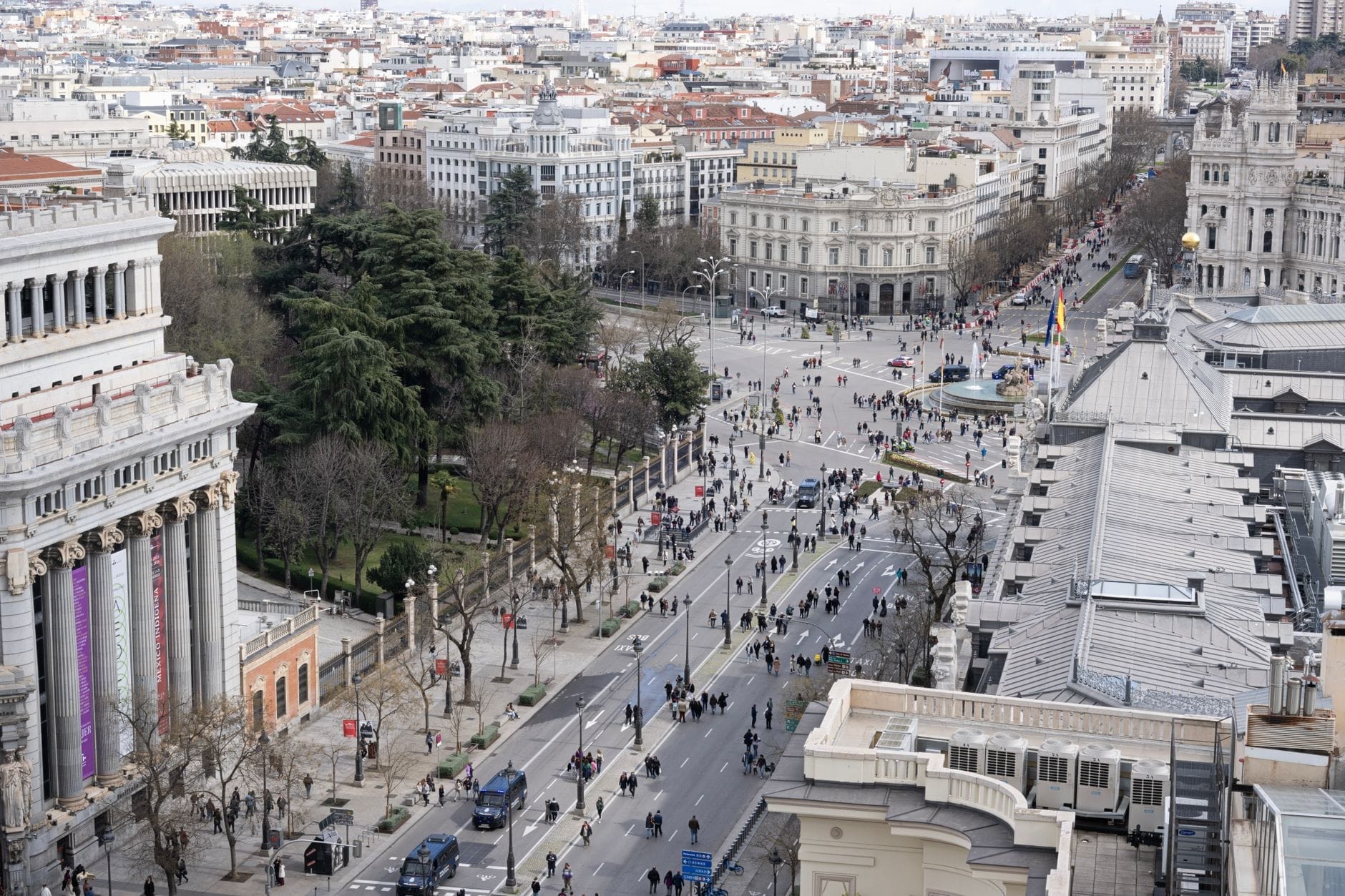 Una suggestiva vista aerea del Paseo del Prado di Madrid, fiancheggiato da musei, alberi rigogliosi, edifici classici e animato da pedoni in una giornata limpida.