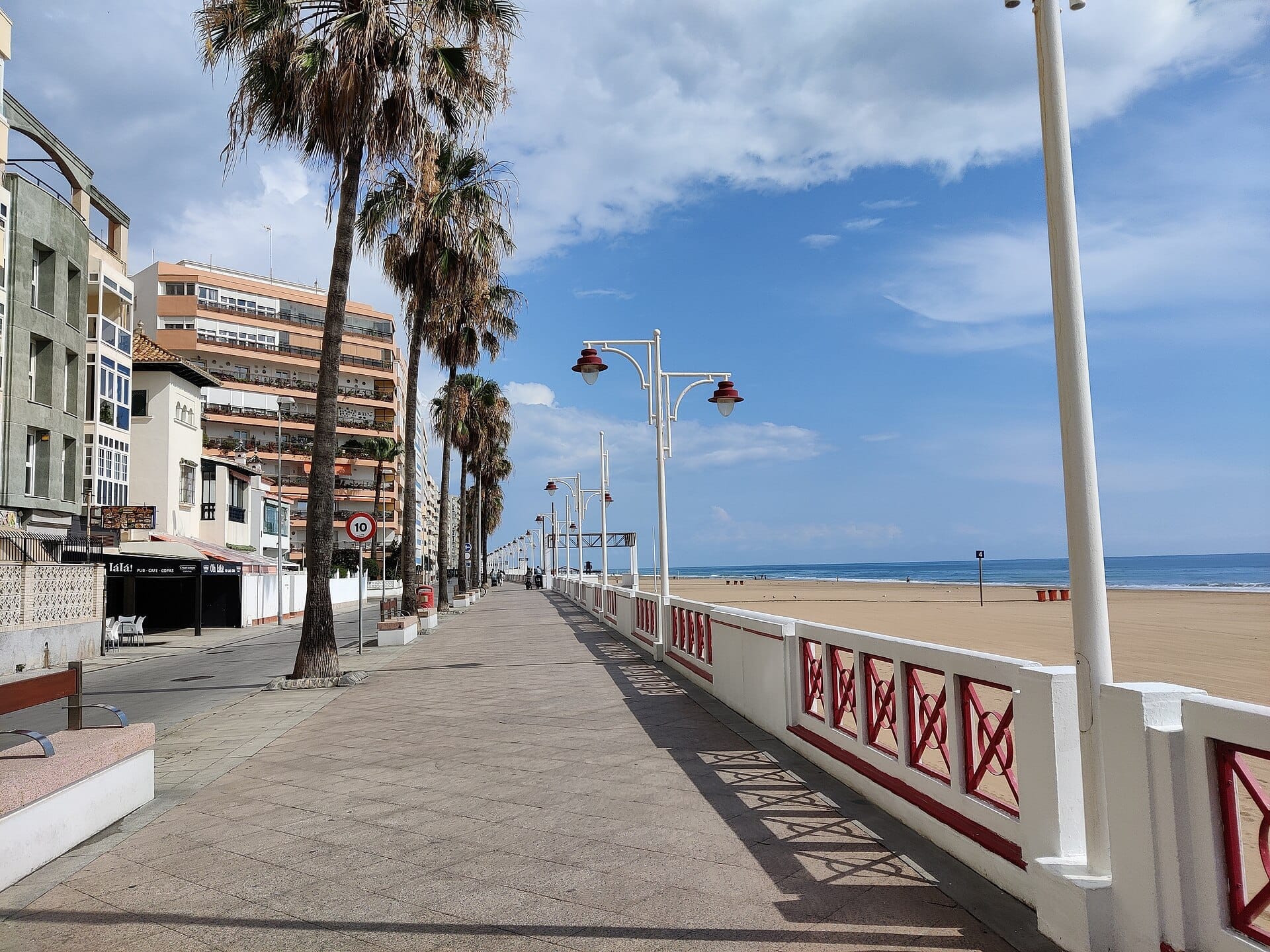 Palm-lined Paseo Marítimo de Cádiz with modern beachfront buildings, white railings, and ocean views under a bright blue sky.