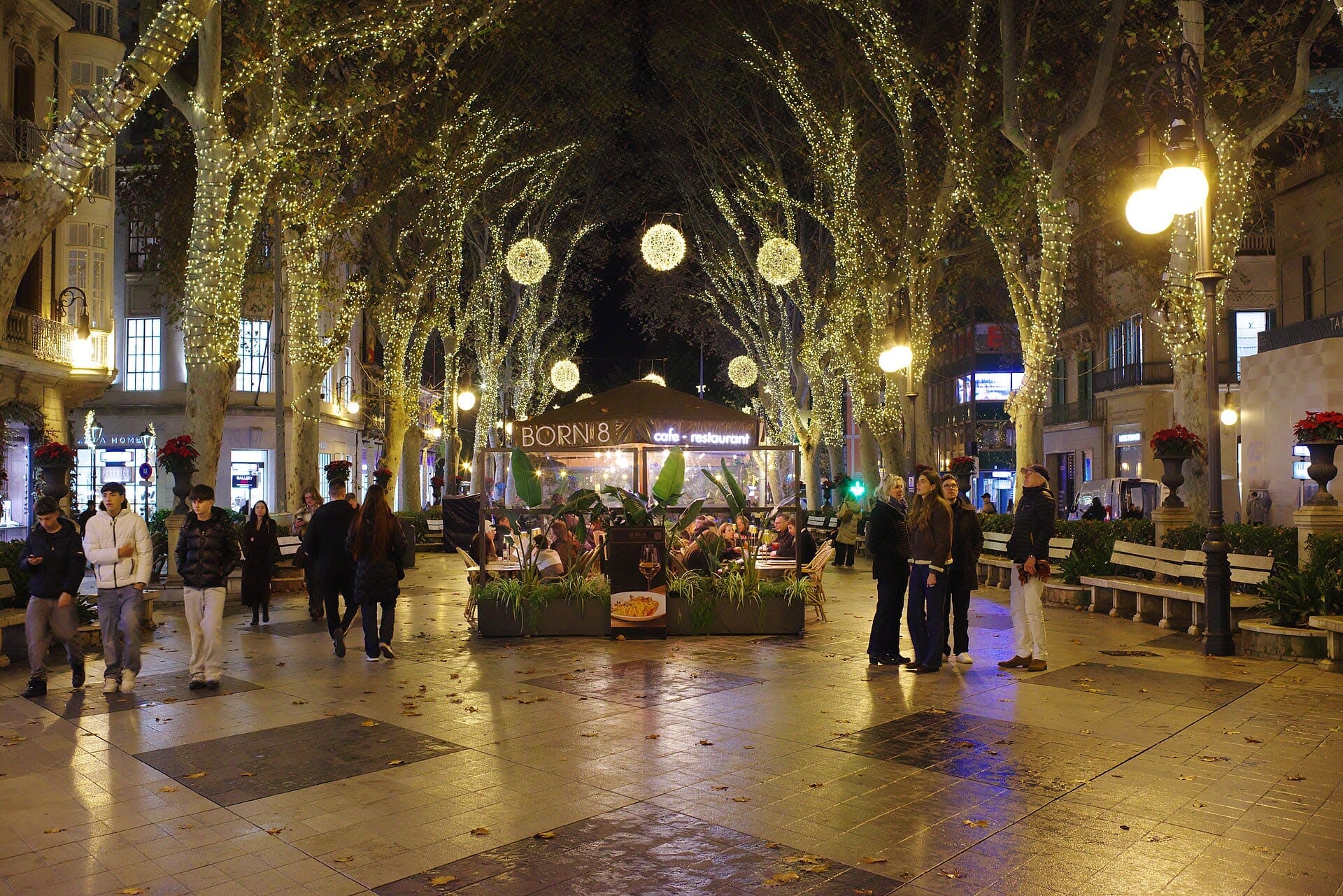 Passeig del Born di notte con alberi illuminati, un vivace caffè, gruppi di persone a passeggio ed edifici classici che costeggiano il viale.
