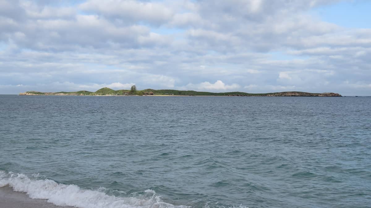 Flache grüne Insel, umgeben von ruhigem Ozeanwasser und sanfter Brandung, von einem Sandstrand unter einem überwiegend bewölkten Himmel aus gesehen.