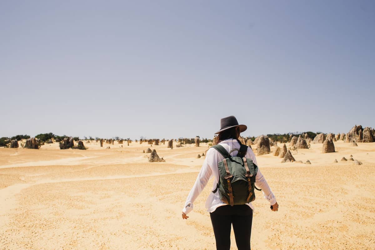 Person with backpack looking out at the limestone formations in the Pinnacles Desert under a clear blue sky.
