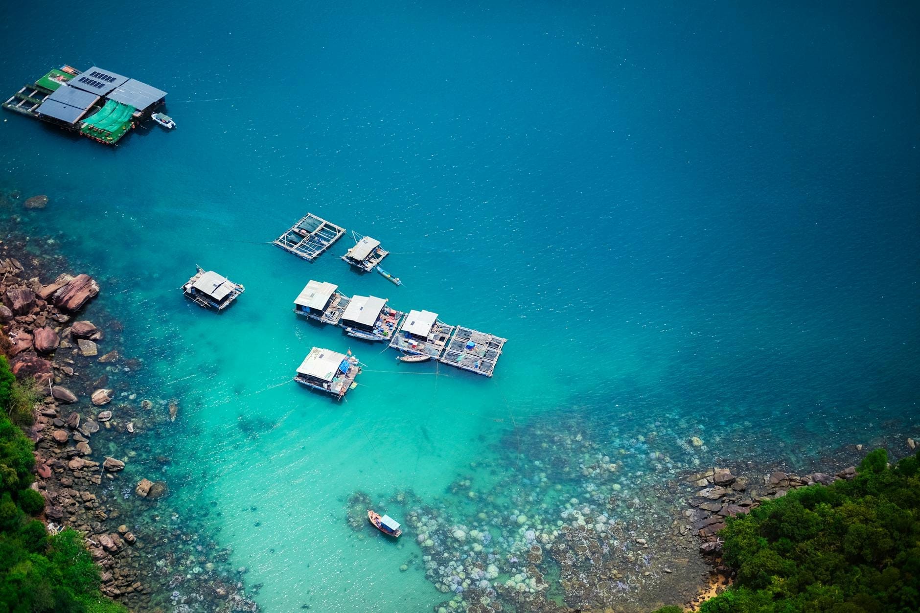Luftaufnahme von türkisfarbenem Wasser mit schwimmenden Stegen und kleinen Booten nahe einer felsigen, baumgesäumten Küste, die eine ruhige, naturbelassene Insellandschaft darstellt.
