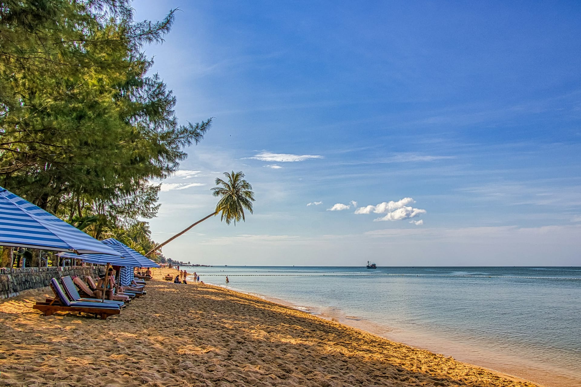 Long Beach Phu Quoc with palm trees, beachfront loungers, and calm turquoise sea at sunset light