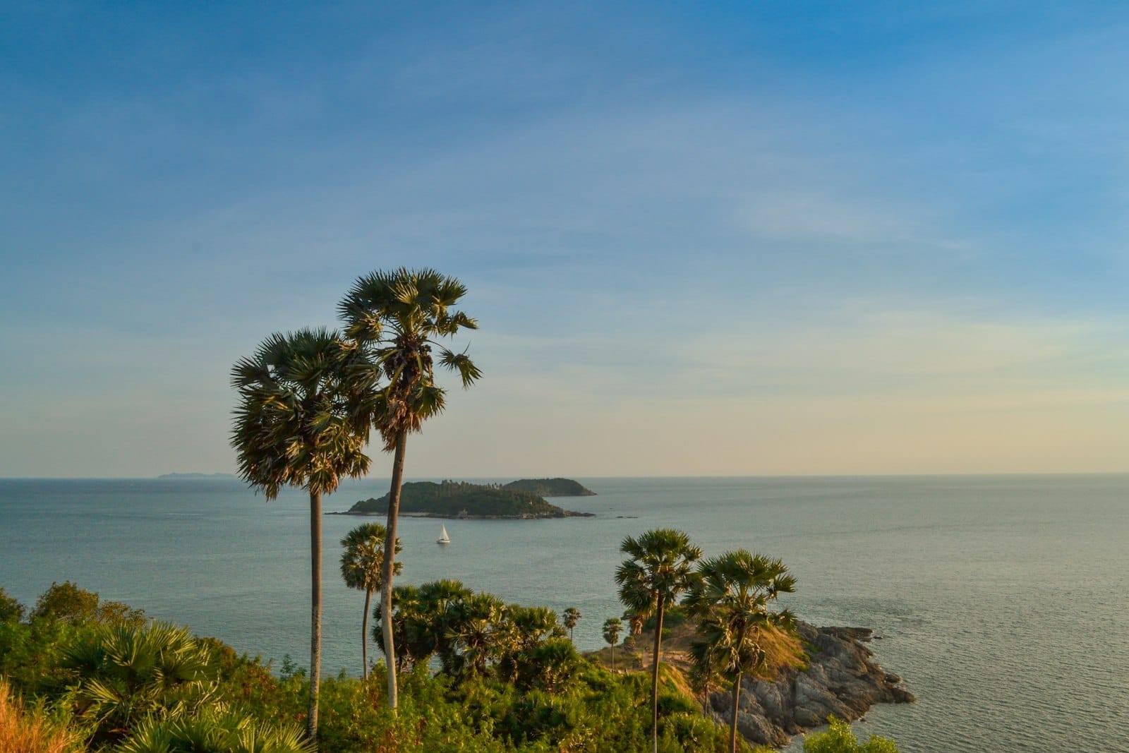 Palm trees and rocky coastline overlooking the sea at sunset, classic view from southern Phuket.