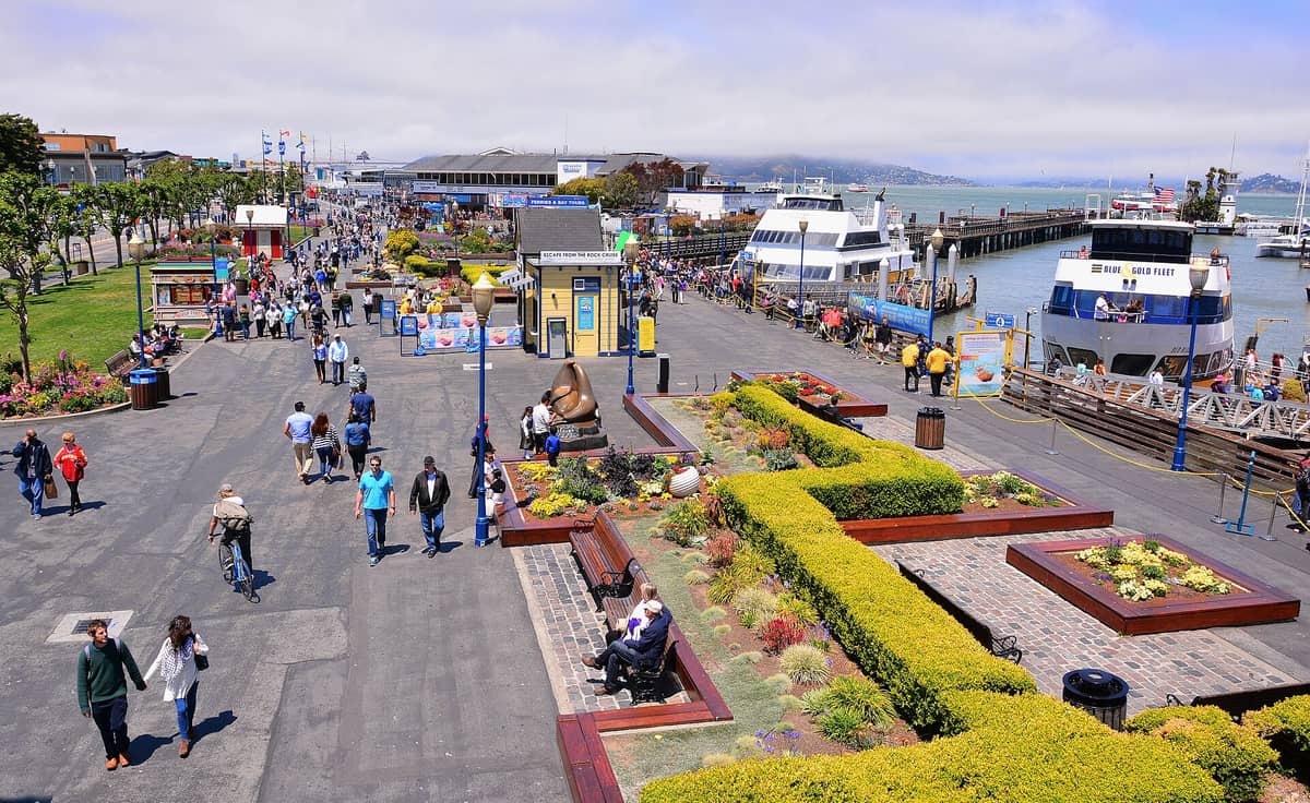 Un animado paseo marítimo en el Pier 39 con visitantes caminando, jardines cuidados, barcos atracados a lo largo del muelle y la Bahía de San Francisco al fondo.