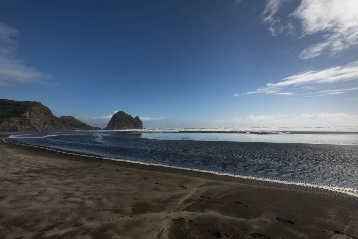 Weiter Blick auf Piha Beach mit schwarzem Sand und dem Lion Rock, der unter blauem Himmel aus der Küstenlinie aufragt, während Wellen aus der Tasmansee heranrollen.