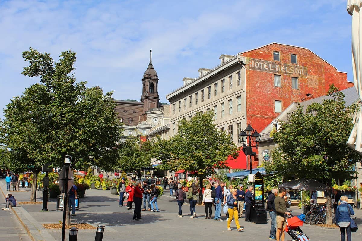 Sonniger Tag auf dem Place Jacques-Cartier, mit Spaziergängern zwischen belaubten Bäumen, historischen Steingebäuden und der roten Fassade des Hotel Nelson.