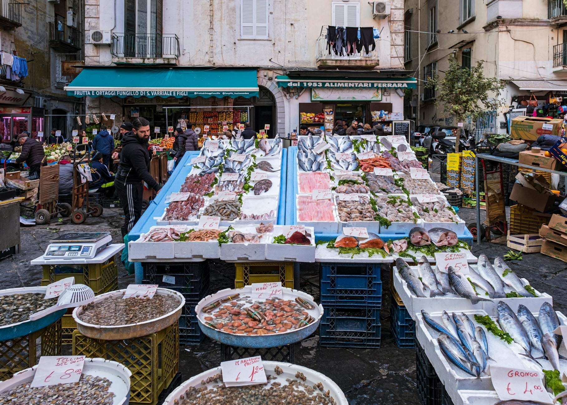 Vista ampia del Mercato del Pesce di Porta Nolana a Napoli, con abbondante pesce fresco e locals che fanno la spesa, sullo sfondo di vecchi edifici per un'atmosfera di mercato autentica.