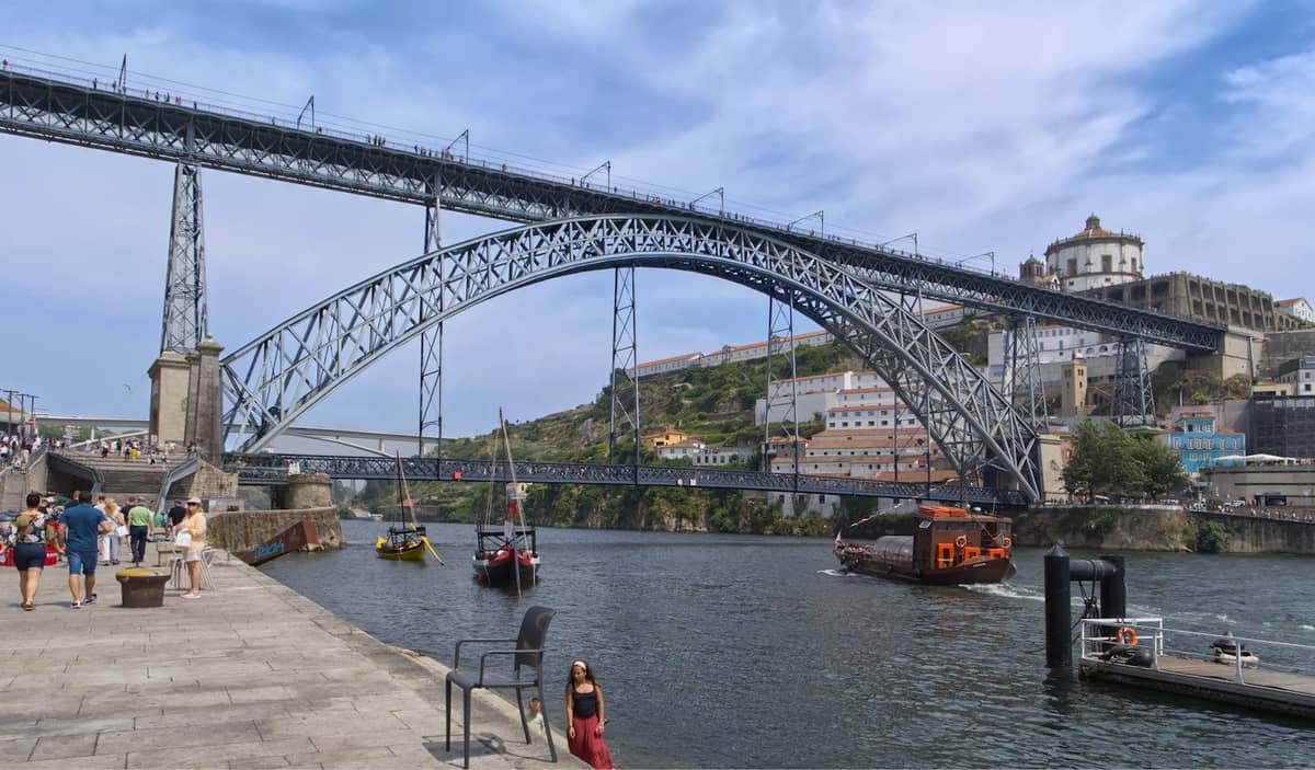 Brücke Dom Luís I über den Fluss Douro, mit Spaziergängern entlang der Ribeira-Uferpromenade in Porto und Booten auf dem Wasser.