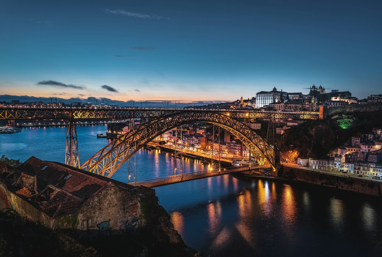 Vista dramática ao entardecer da Ponte Dom Luís I sobre o Rio Douro, com os prédios iluminados do Porto e seus reflexos cintilando na água.