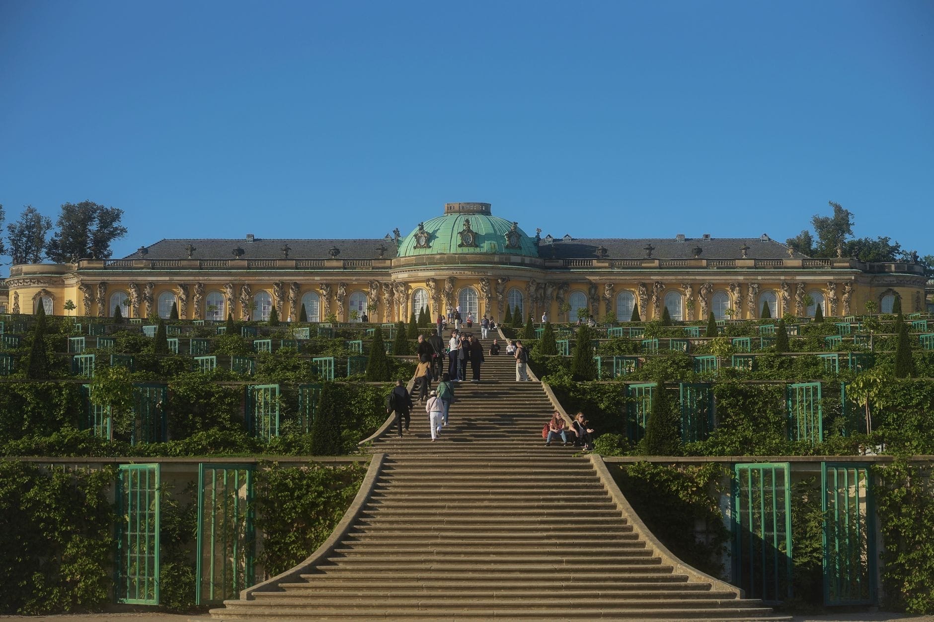 Vista panoramica del Palazzo di Sanssouci con le celebri terrazze di vigneti e la scalinata centrale sotto un cielo azzurro, con i visitatori che esplorano i giardini.
