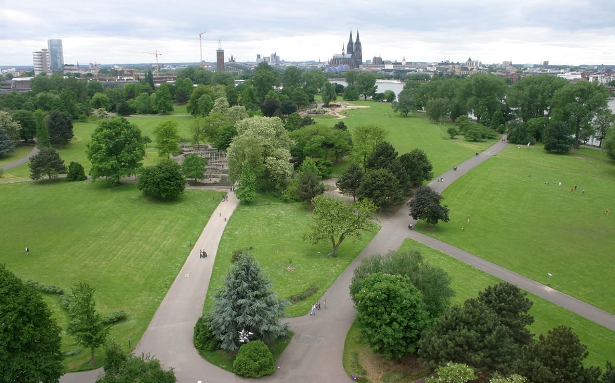 มุมมองทางอากาศของ Rheinpark เมือง Cologne พร้อมสนามหญ้าสีเขียวกว้างใหญ่ ทางเดินคดเคี้ยว ต้นไม้กระจัดกระจาย และ Cologne Cathedral ที่มองเห็นได้อีกฝั่งของแม่น้ำ Rhine