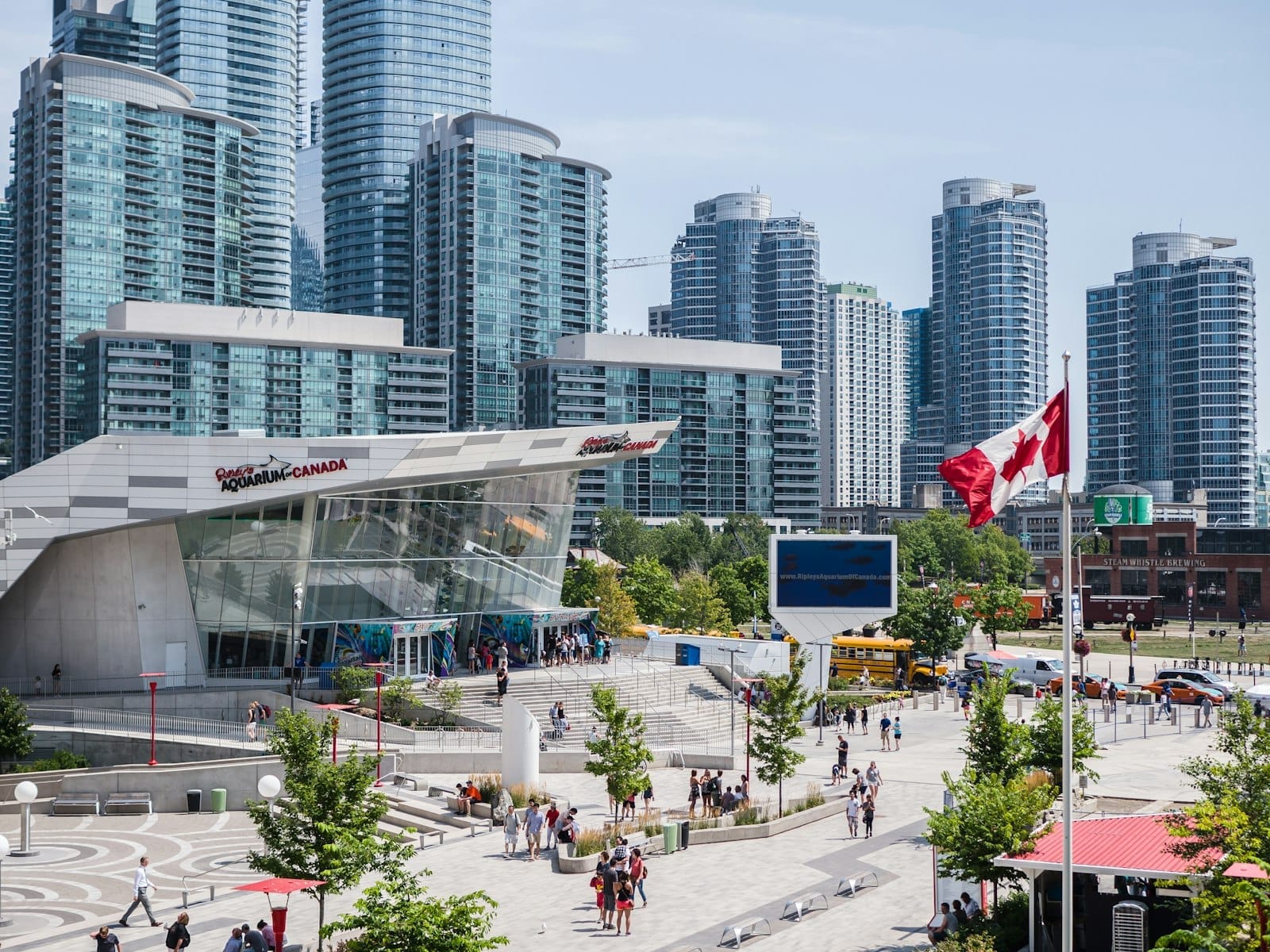 ทางเข้าพิพิธภัณฑ์สัตว์น้ำ Ripley's Aquarium of Canada มีผู้คนเดินผ่าน ตึกกระจกโมเดิร์น ธงแคนาดา และตึกสูงในโตรอนโต ฉากหลังท้องฟ้าแจ่มใส