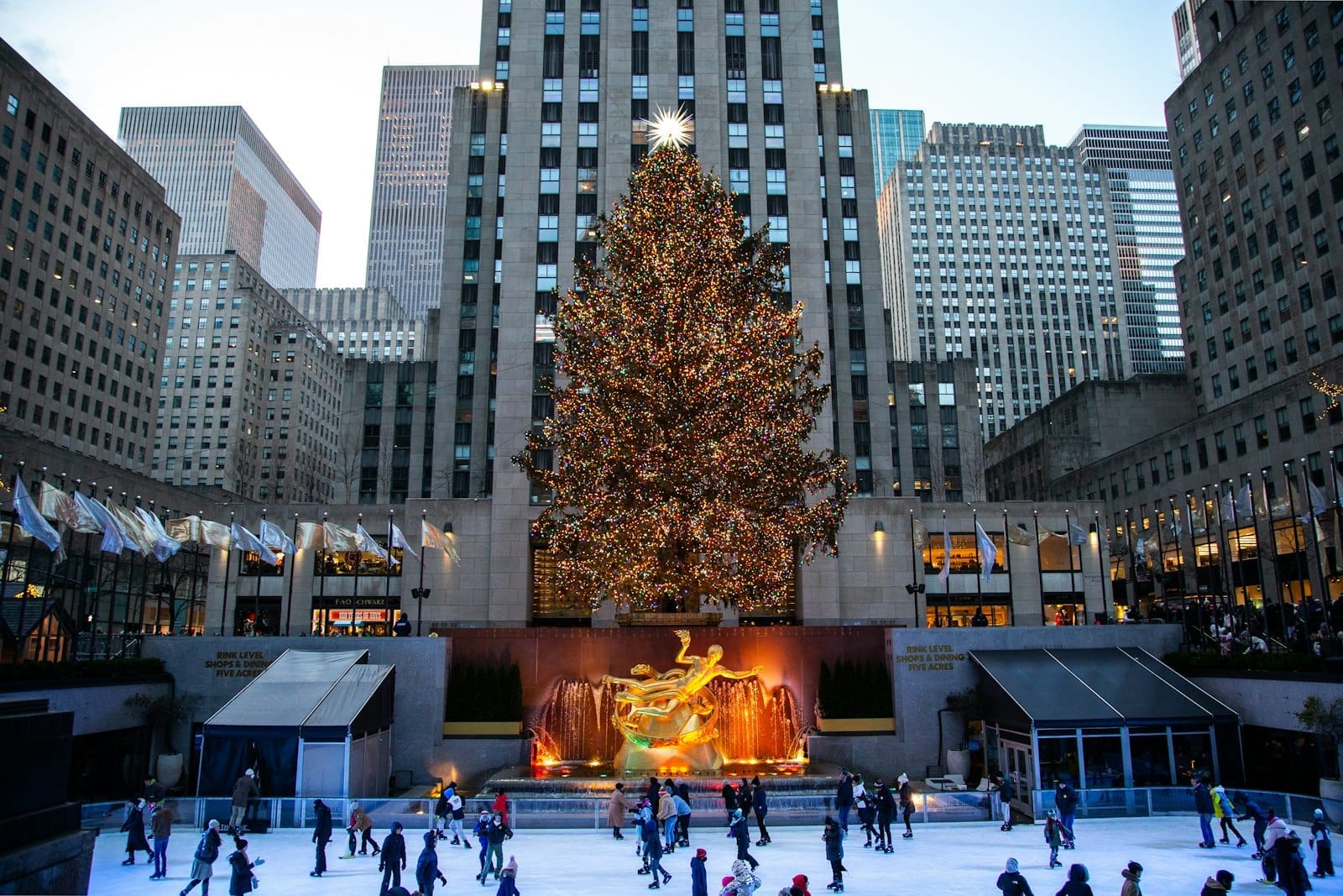 La pista di pattinaggio del Rockefeller Center con i pattinatori, il grande albero di Natale addobbato, gli edifici Art Déco e lo skyline di Midtown Manhattan al tramonto.