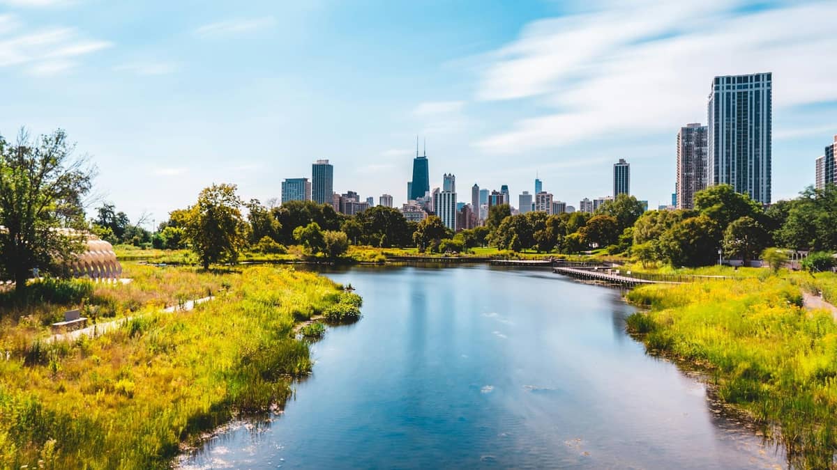 Vista del horizonte de Chicago desde Lincoln Park, con un estanque tranquilo, senderos peatonales y abundante vegetación en un día soleado.