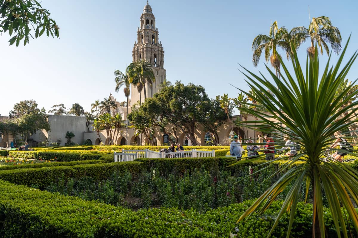 Balboa Park mit dem ikonischen Glockenturm, üppigen Gärten, Palmen und Menschen, die an einem sonnigen Tag die Grünflächen genießen