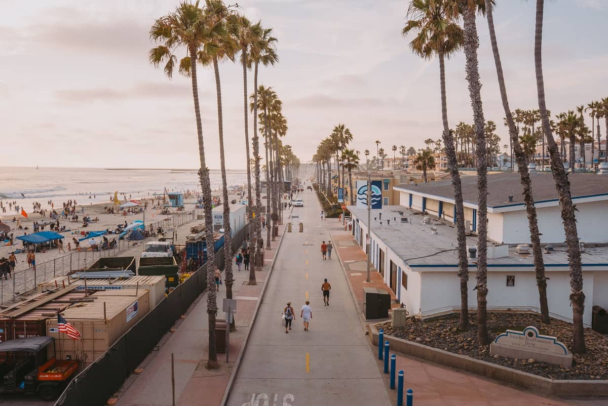 Breiter Fußgängerweg gesäumt von Palmen, Menschen beim Spazierengehen, Strand und Ozean links, Gebäude rechts in San Diego.