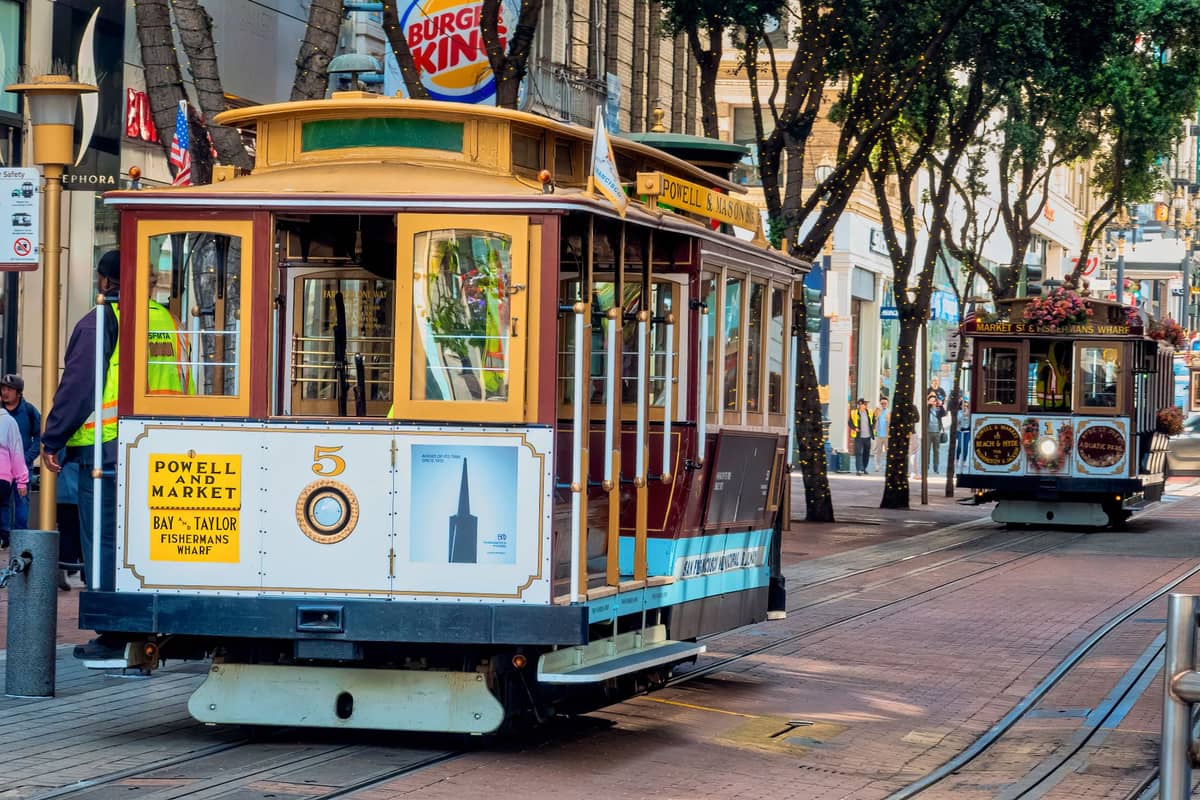 San Francisco Cable Car an der Wendestation Powell & Market, mit Holzschienen und Besatzung, in einer belebten Innenstadtszene.