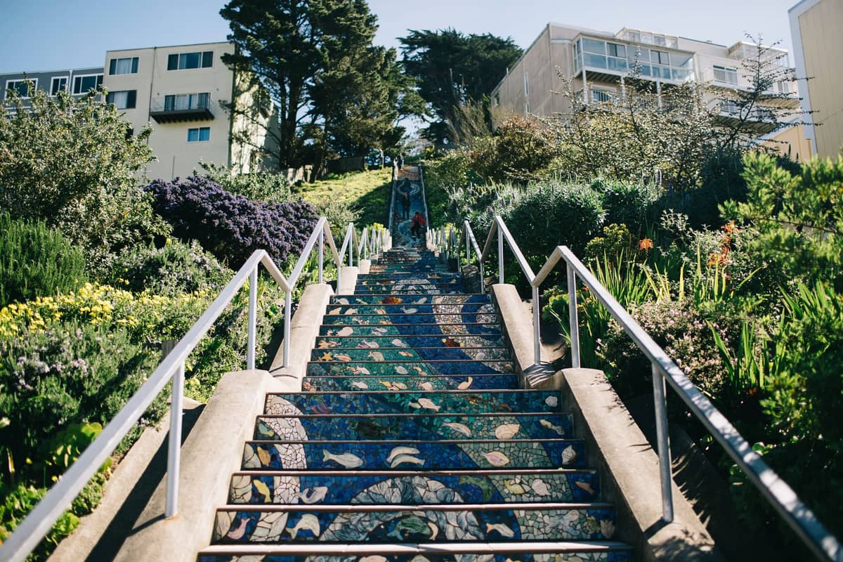 Szerokie ujęcie kultowych schodów Moraga Steps w San Francisco wyłożonych mozaiką, otoczonych zielenią i domami, wspinających się na stromy wzgórze w słoneczny dzień.