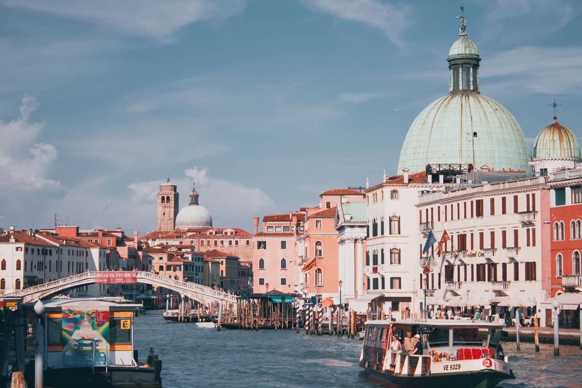 Weitwinkelpanorama des Sestiere Santa Croce in Venedig mit der Kuppel von San Simeon Piccolo, historischen Fassaden, Canal Grande und Vaporetto-Booten unter blauem Himmel.