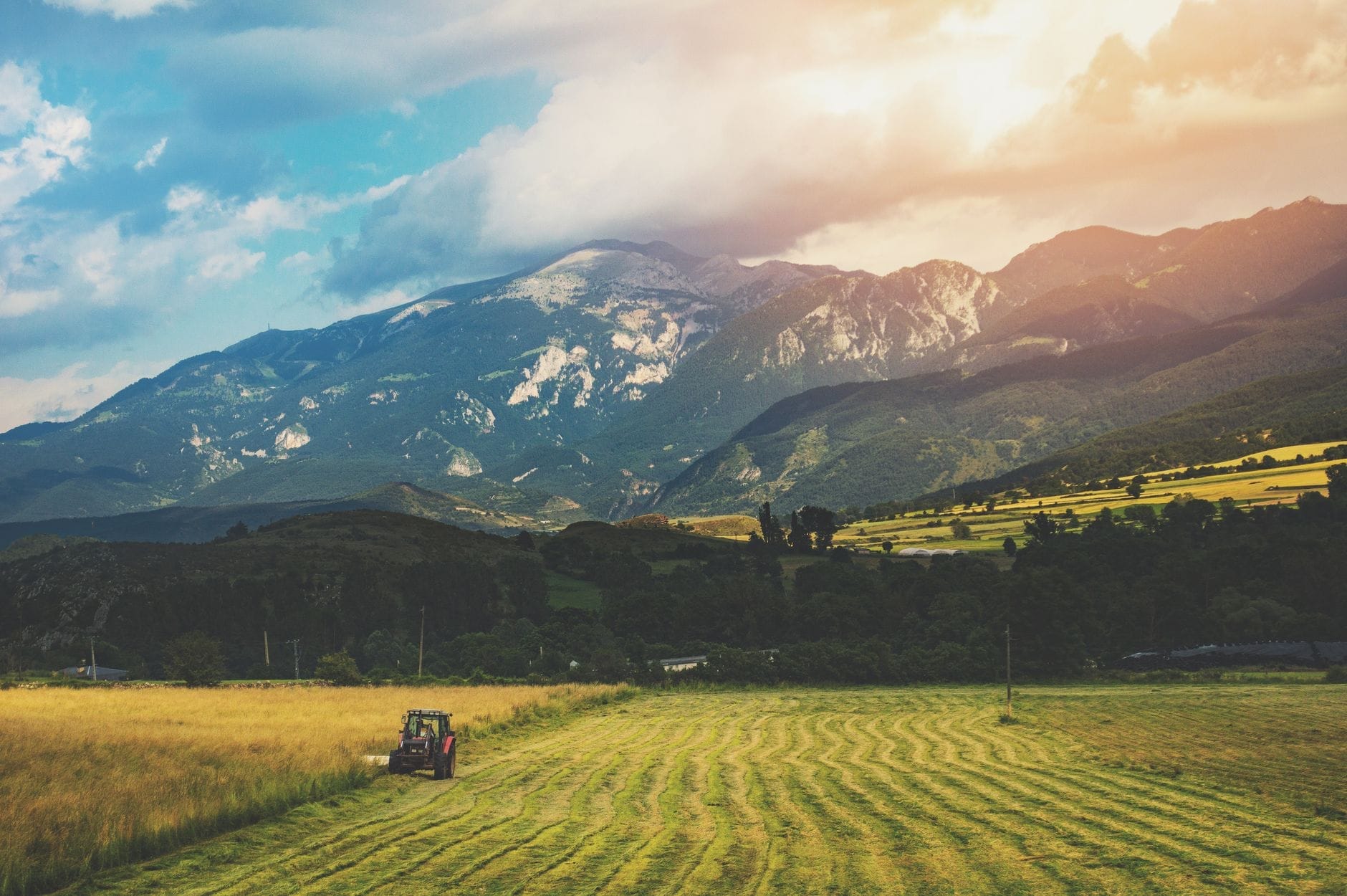 Sonnenbeschienenes ländliches Feld mit Traktor am Fuß der bergigen Landschaft Sardiniens, der die Atmosphäre eines Agriturismo heraufbeschwört.