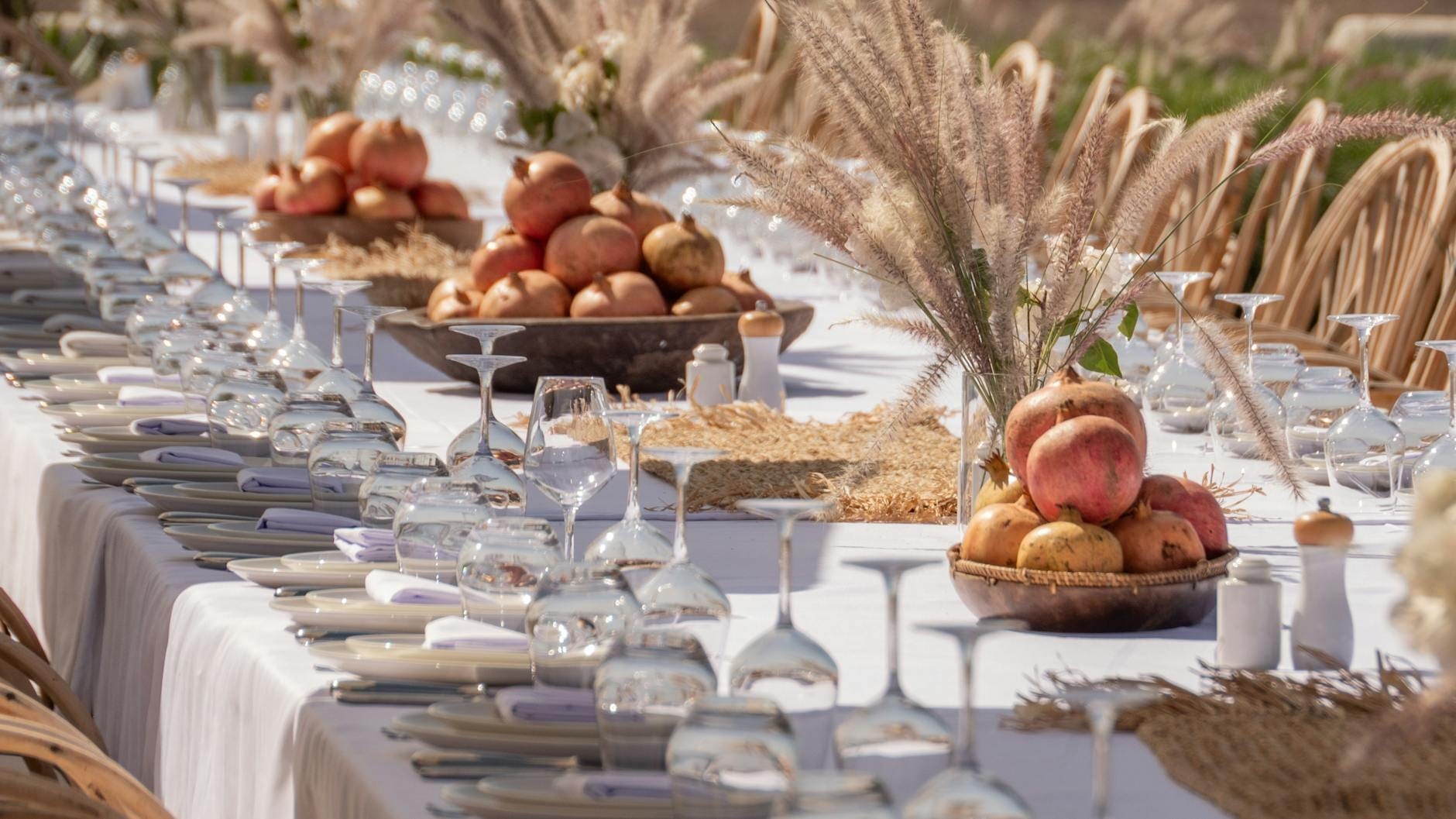 Langer Bauernhoftisch im Freien, gedeckt für eine Mahlzeit mit weißen Tischdecken, Tellern, Gläsern, Obstmittelstücken und rustikalen Dekorationen in einer sonnigen Umgebung.