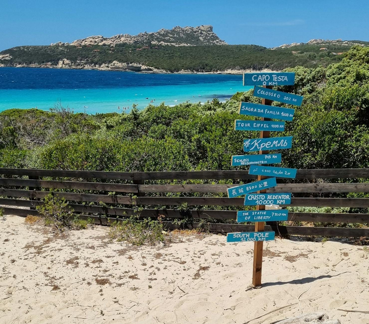 Hölzerner Wegweiser mit mehreren blauen Pfeilen und Strandschildern, Sandweg und blauem Sardinien-Meer mit Hügeln im Hintergrund.
