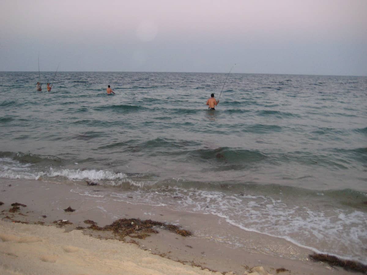 Vier Menschen stehen in der Brandung und angeln im Meer am Sealine Beach, während sanfte Wellen in der Abenddämmerung auf den Sandstrand auflaufen.