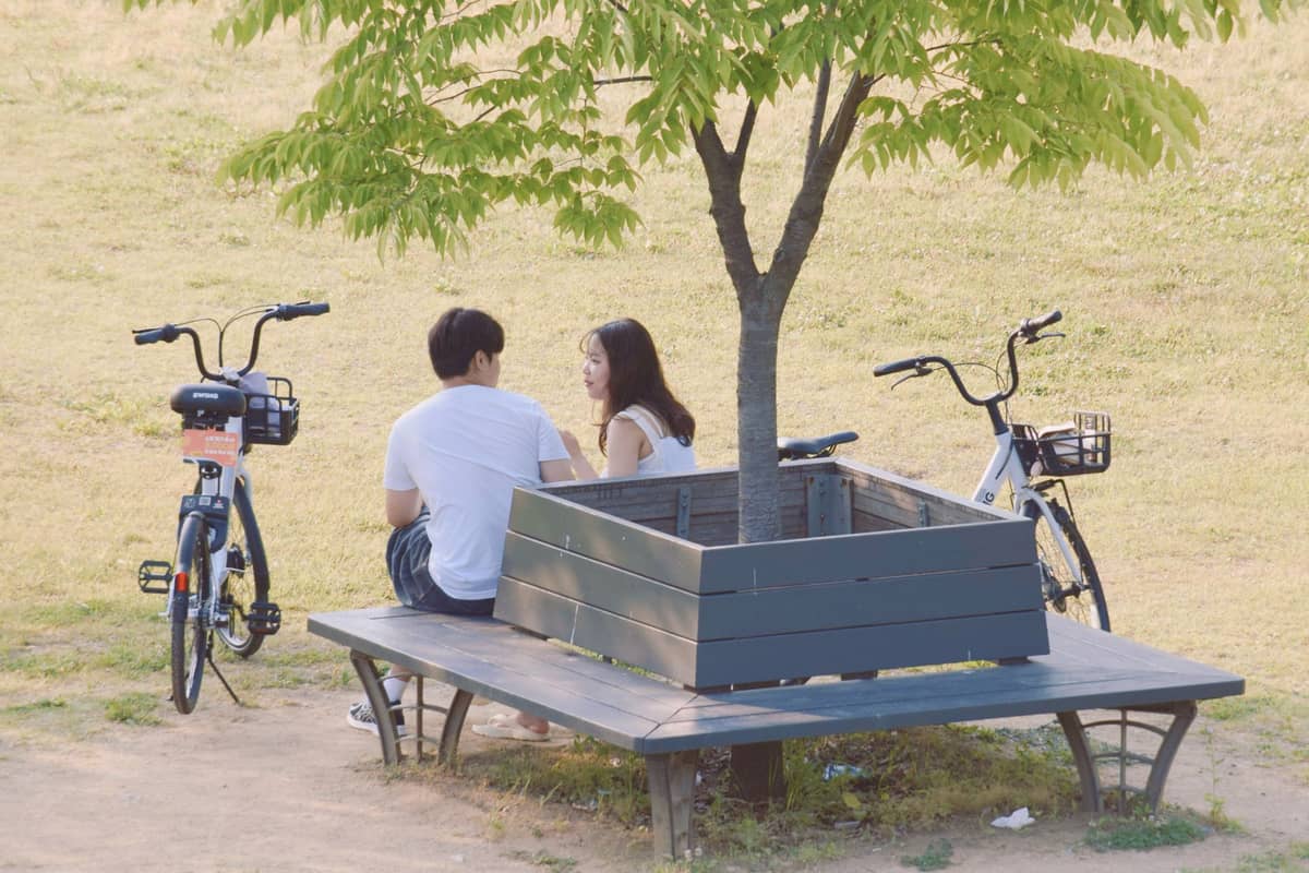 Casal jovem sentado sob uma árvore com duas bicicletas de aluguel em um parque gramado em um dia ensolarado em Seul