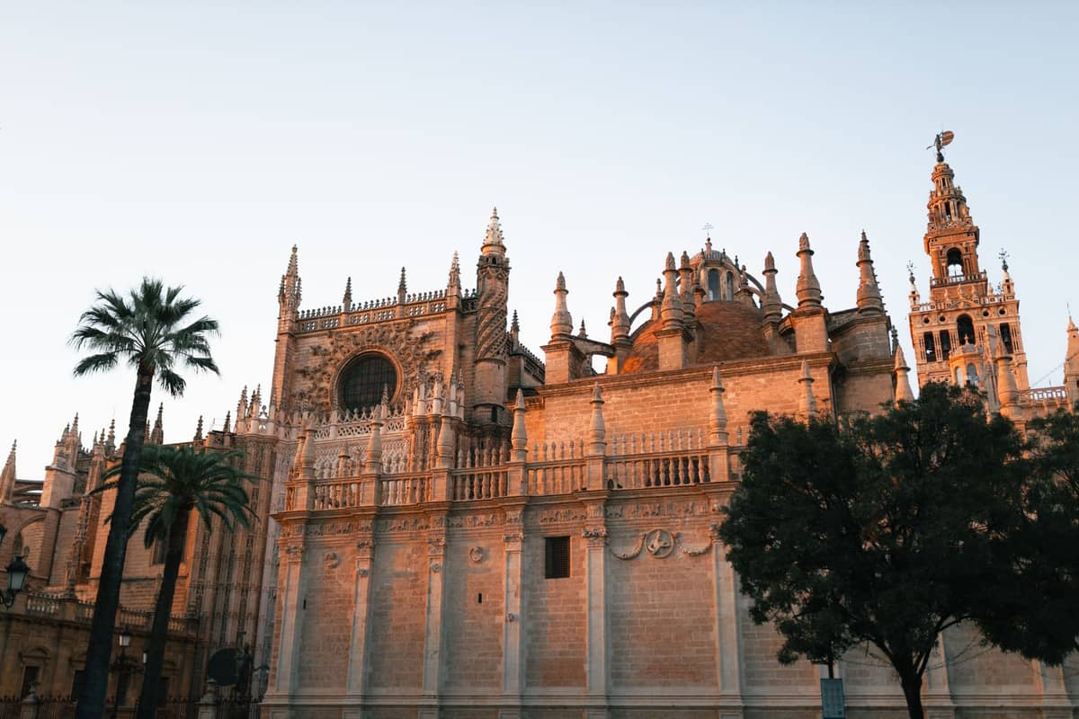 มุมกว้างมหาวิหารเซบียากับหอ Giralda ต้นปาล์ม และแสงเย็นละมุนตรงท้องฟ้าแจ่มใสไร้เมฆ