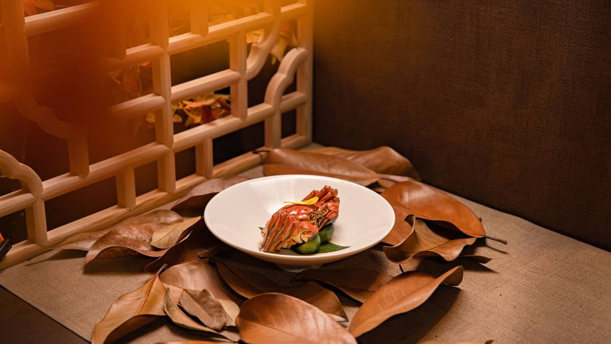 Un crabe cuit servi sur une assiette blanche avec des feuilles d'automne, dans un cadre évocateur de la décoration chinoise.
