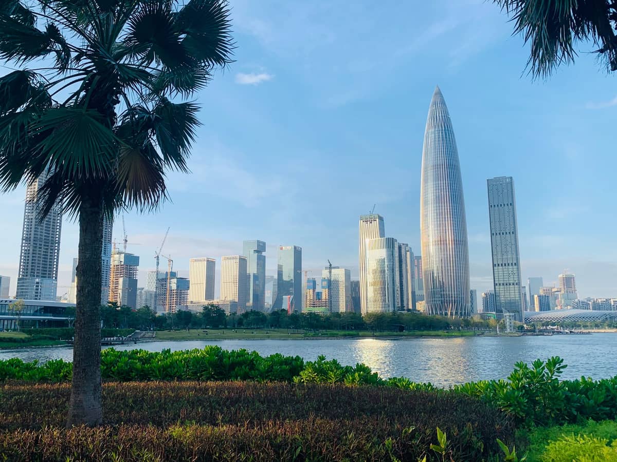 Vista diurna do skyline moderno de Shenzhen com o icônico edifício da China Resources Headquarters visto de um parque do outro lado da água, emoldurado por palmeiras e vegetação exuberante.